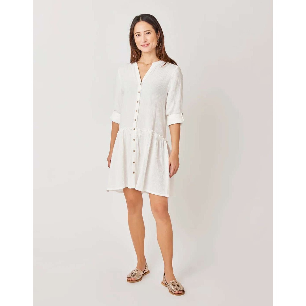 Carve Designs Organic Cotton Gauze Blair Dress Small White Womens Roll Tab NEW